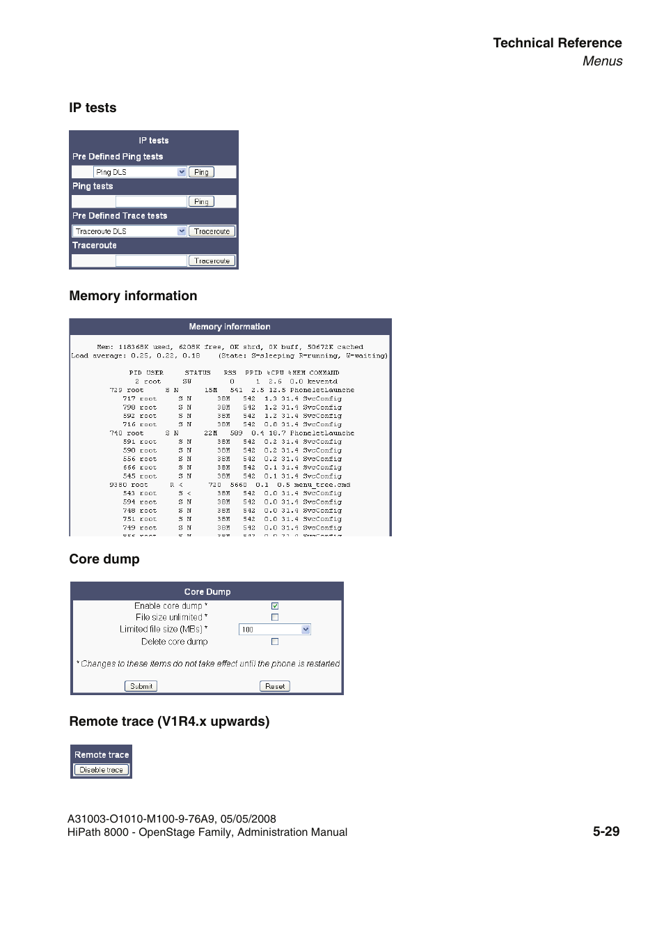 Ip tests memory information core dump, Remote trace (v1r4.x upwards) | Siemens HIPATH 20 User Manual | Page 235 / 258