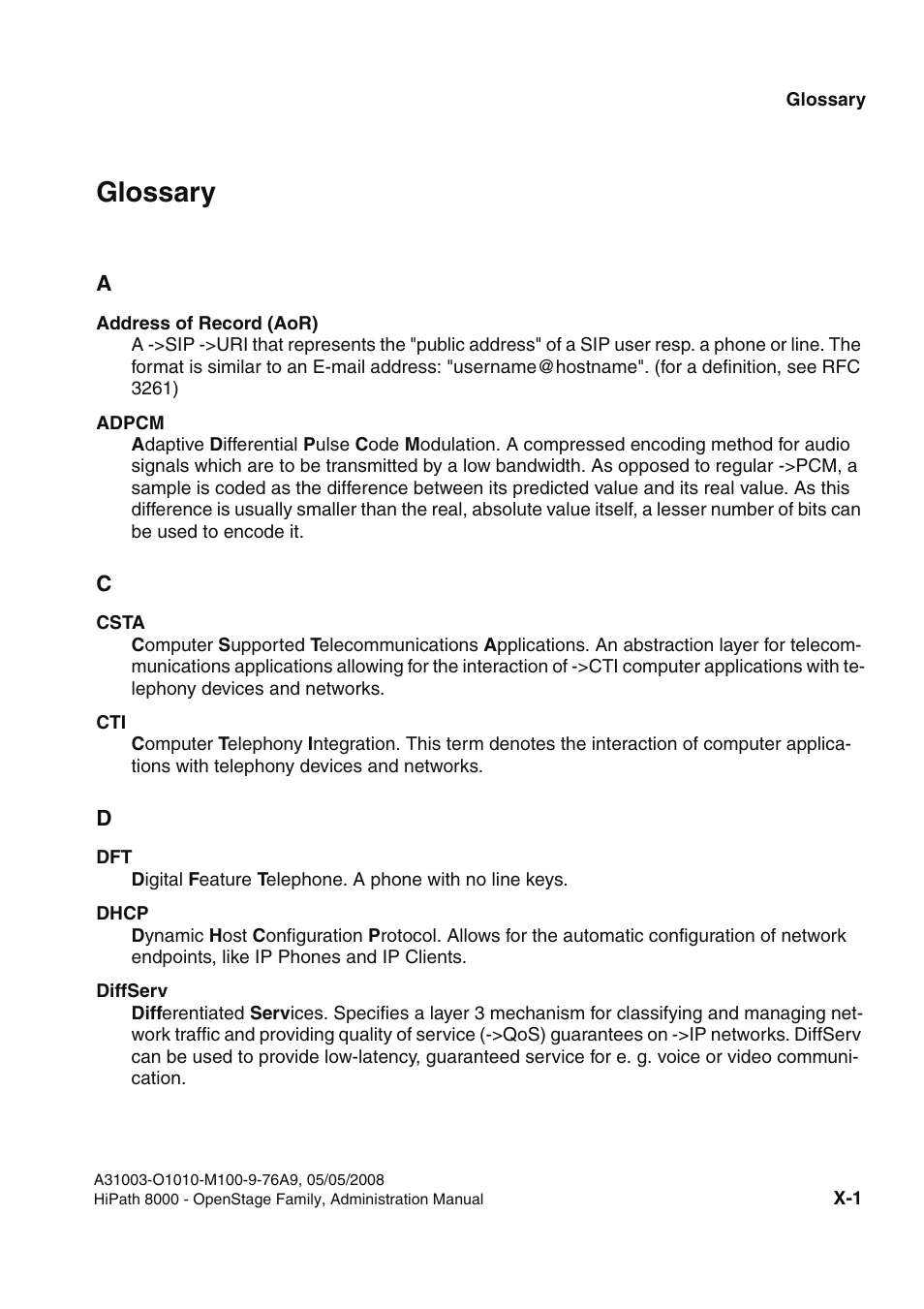 Glossary, Glossary x | Siemens HIPATH 20 User Manual | Page 245 / 258