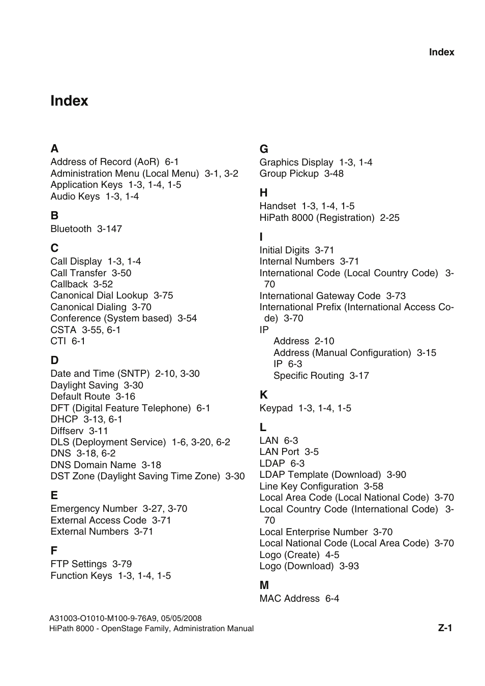 Index, Index z | Siemens HIPATH 20 User Manual | Page 253 / 258