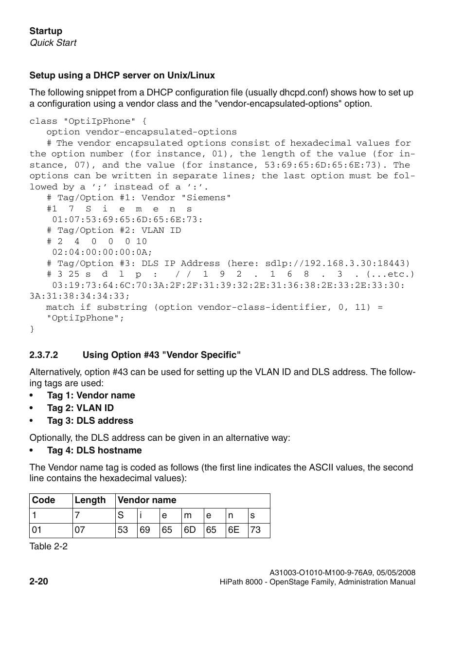 2 using option #43 "vendor specific, 2 using option #43 "vendor specific" -20 | Siemens HIPATH 20 User Manual | Page 36 / 258