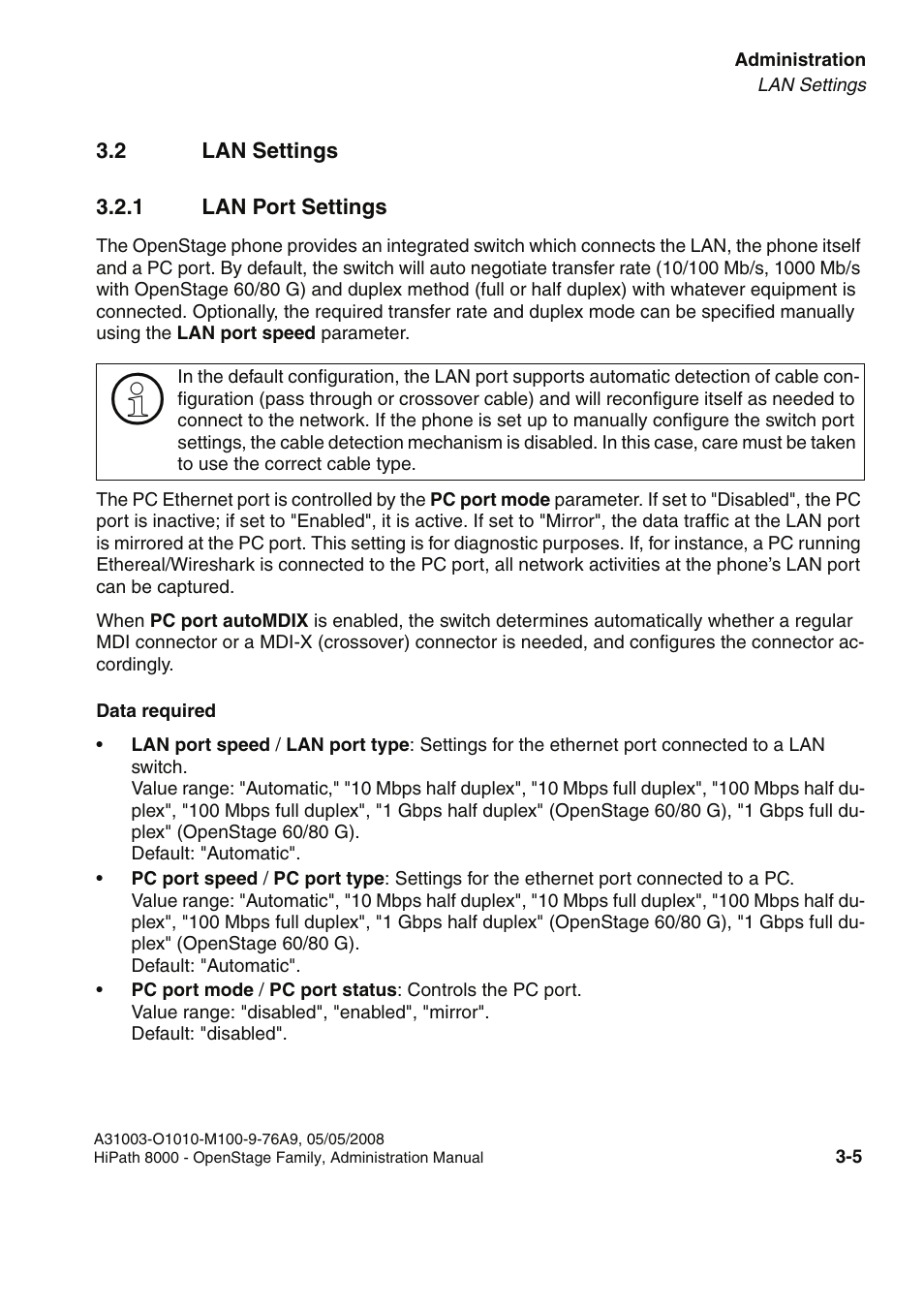 2 lan settings, 1 lan port settings, 2 lan settings -5 | 1 lan port settings -5 | Siemens HIPATH 20 User Manual | Page 47 / 258