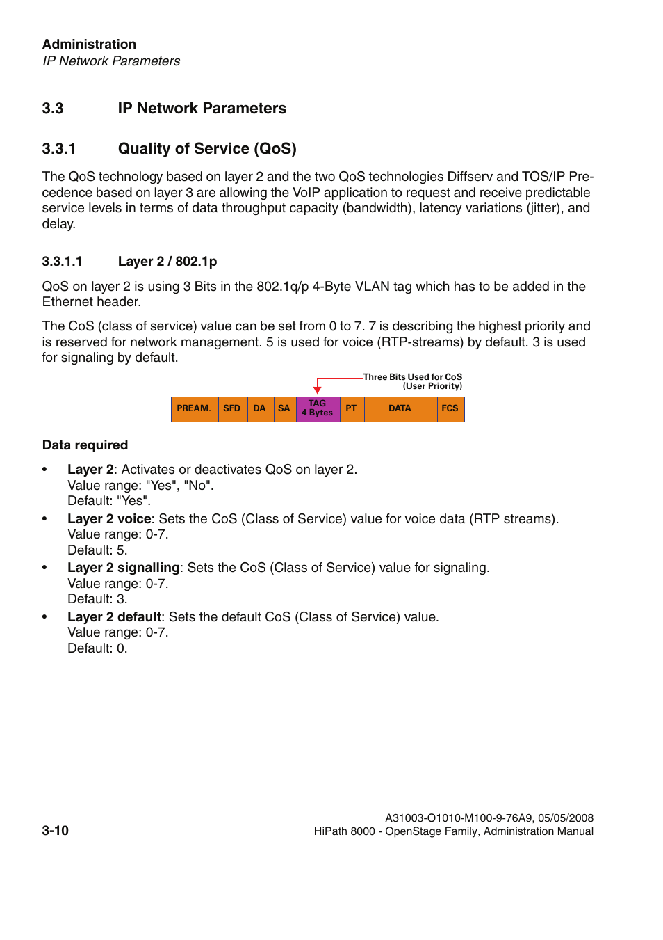 3 ip network parameters, 1 quality of service (qos), 1 layer 2 / 802.1p | 3 ip network parameters -10, 1 quality of service (qos) -10, 1 layer 2 / 802.1p -10 | Siemens HIPATH 20 User Manual | Page 52 / 258