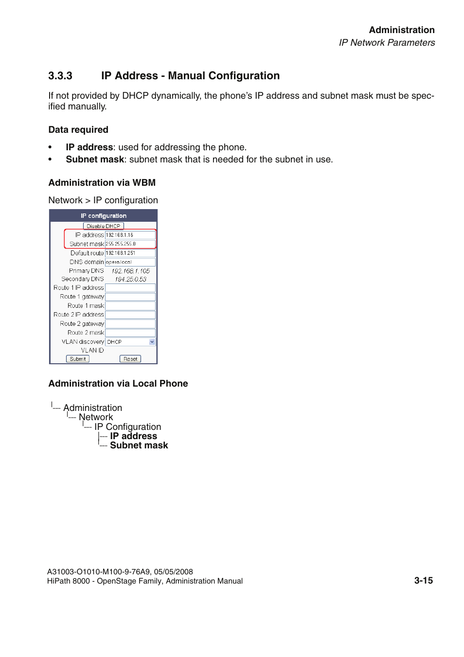 3 ip address - manual configuration, 3 ip address - manual configuration -15 | Siemens HIPATH 20 User Manual | Page 57 / 258