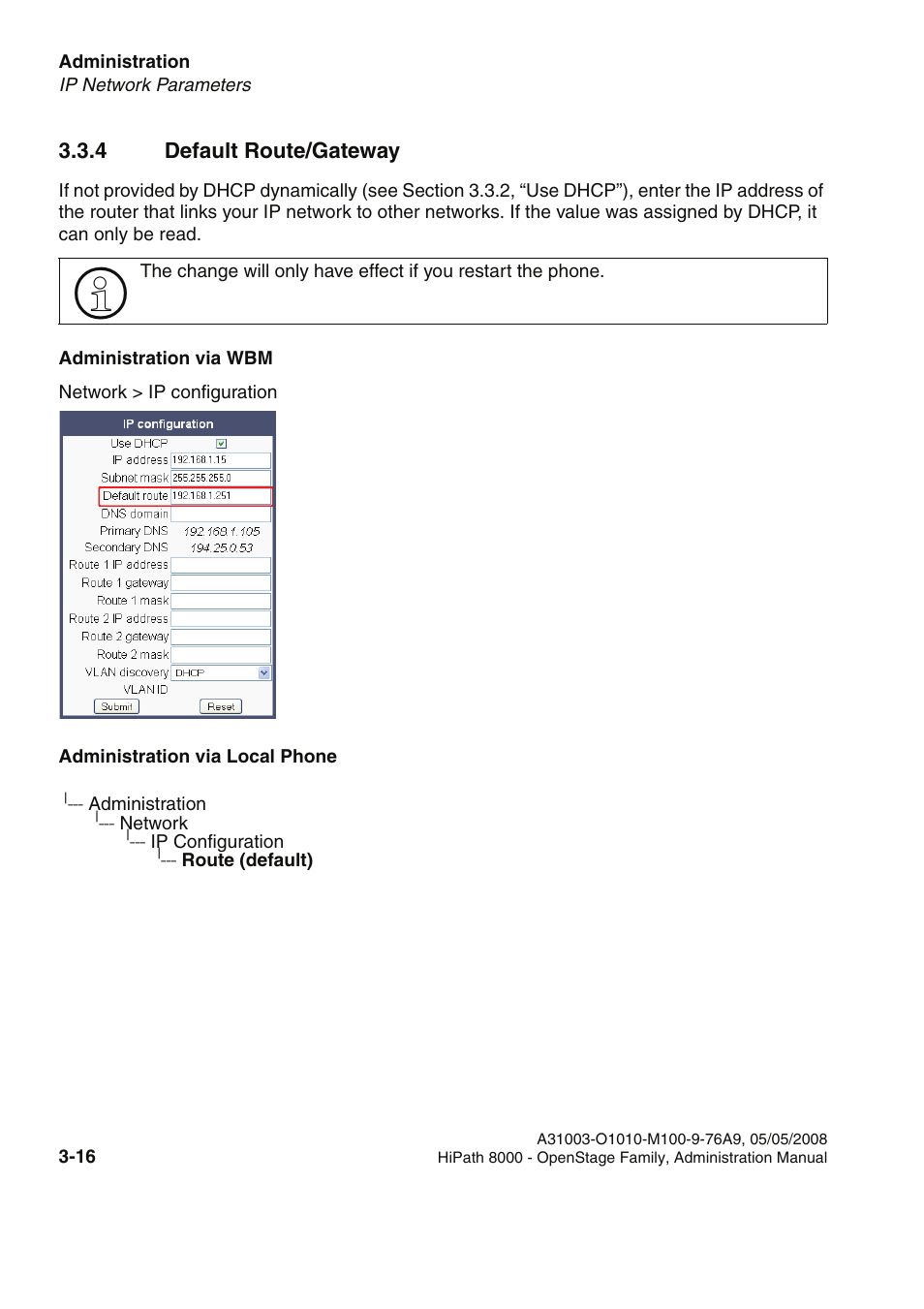 4 default route/gateway, 4 default route/gateway -16, Section 3.3.4, “default route/gateway | Siemens HIPATH 20 User Manual | Page 58 / 258