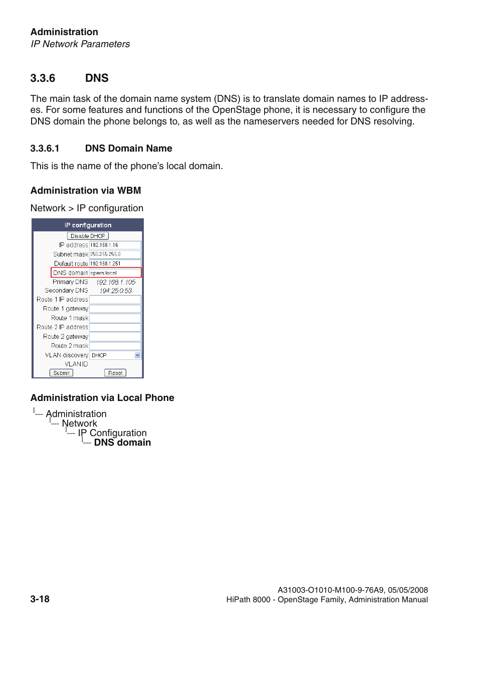 6 dns, 1 dns domain name, 6 dns -18 | 1 dns domain name -18, Ee section 3.3.6.1, “dns domain name | Siemens HIPATH 20 User Manual | Page 60 / 258