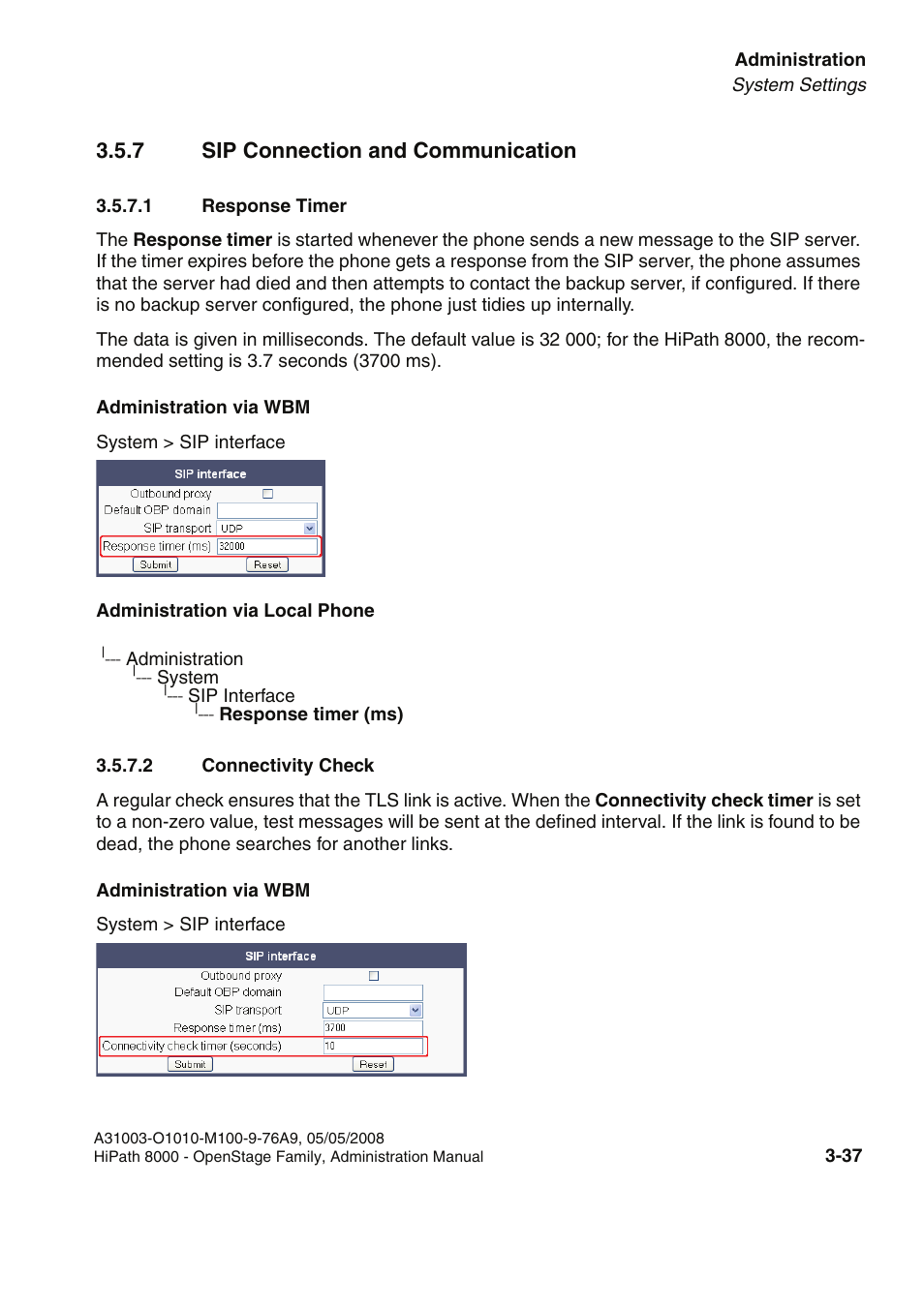 7 sip connection and communication, 1 response timer, 2 connectivity check | 7 sip connection and communication -38 | Siemens HIPATH 20 User Manual | Page 79 / 258