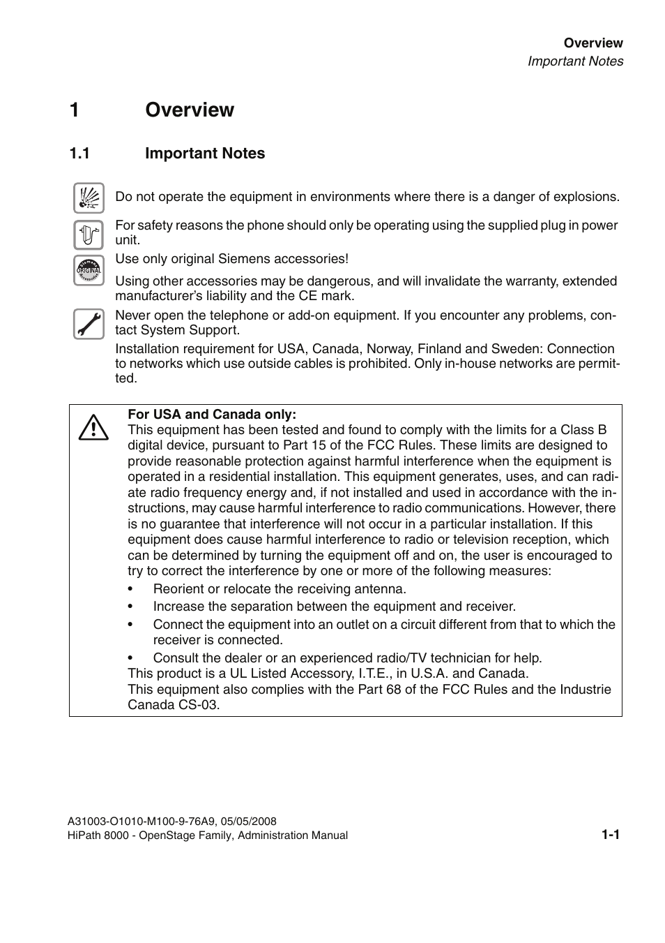 1 overview, 1 important notes, 1 important notes -1 | 1overview | Siemens HIPATH 20 User Manual | Page 9 / 258