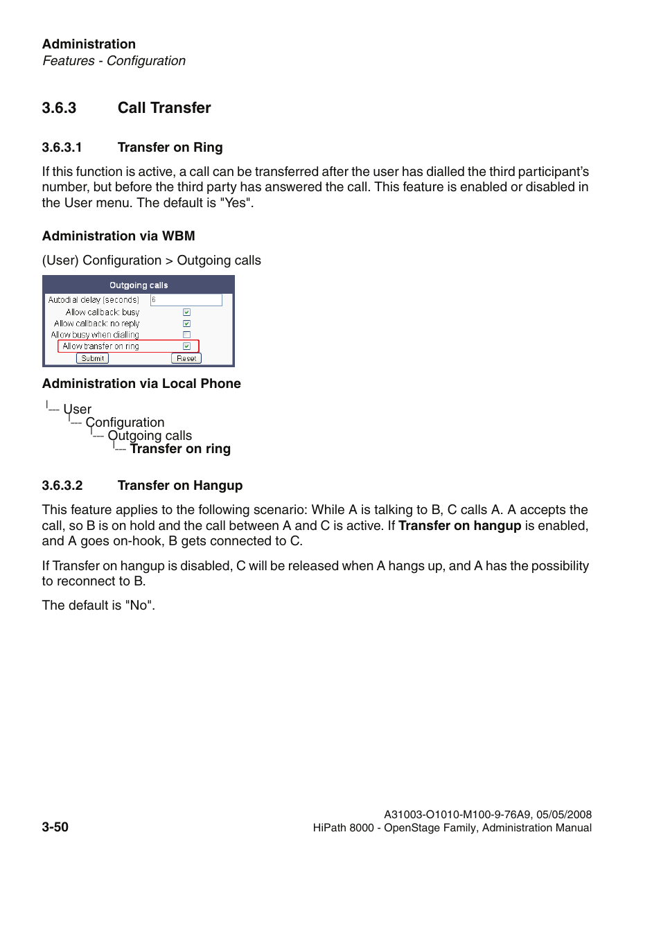 3 call transfer, 1 transfer on ring, 2 transfer on hangup | 3 call transfer -50 | Siemens HIPATH 20 User Manual | Page 92 / 258