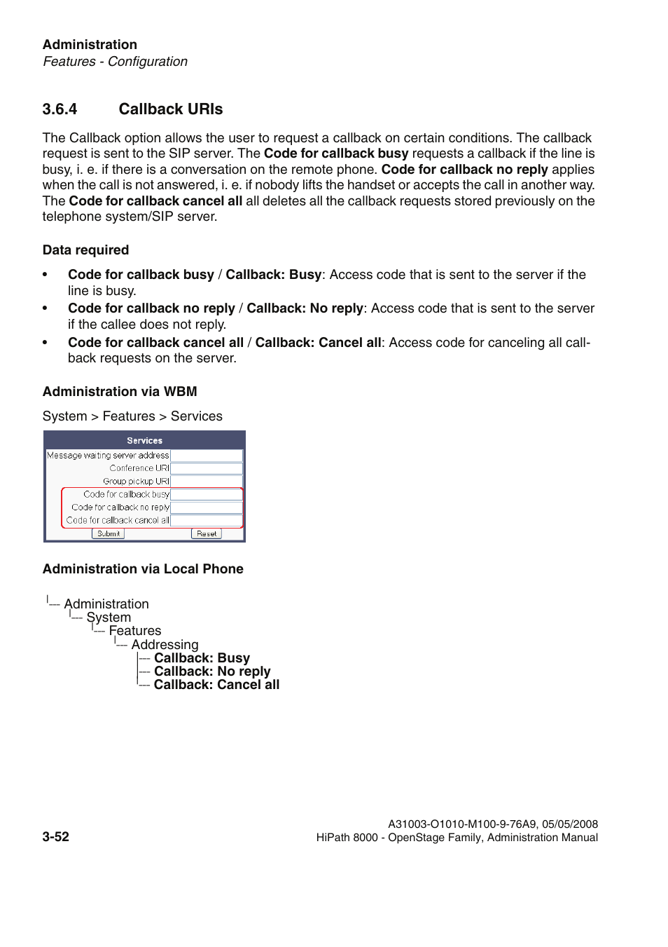 4 callback uris, 4 callback uris -52 | Siemens HIPATH 20 User Manual | Page 94 / 258