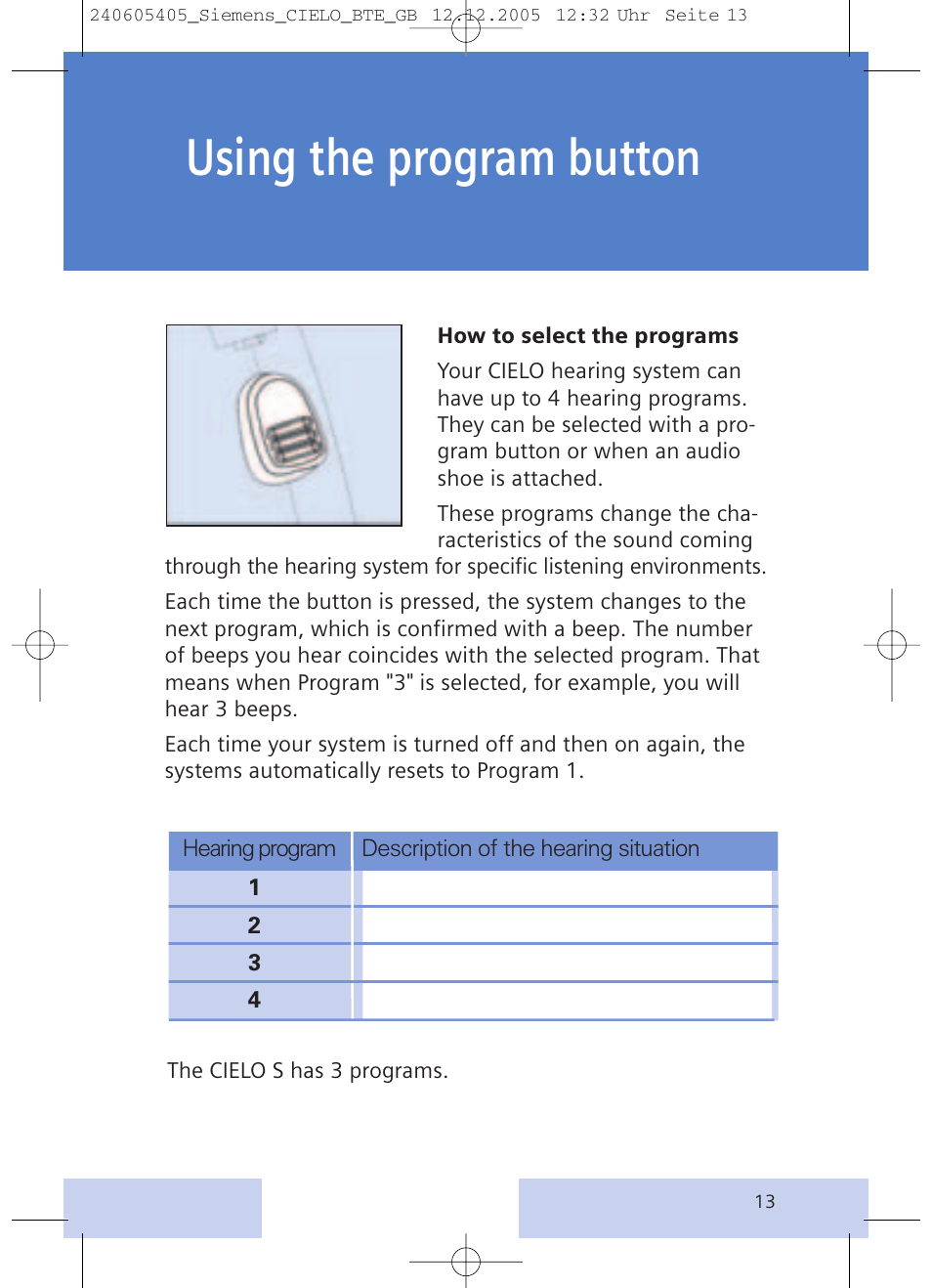 Using the program button | Siemens CIELO User Manual | Page 13 / 24