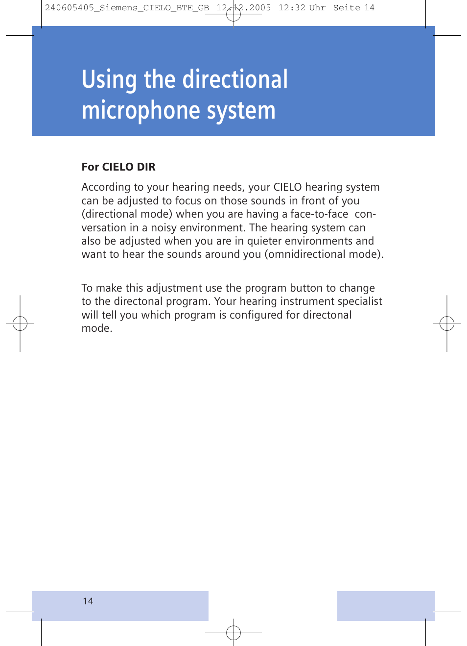 Using the directional microphone system | Siemens CIELO User Manual | Page 14 / 24