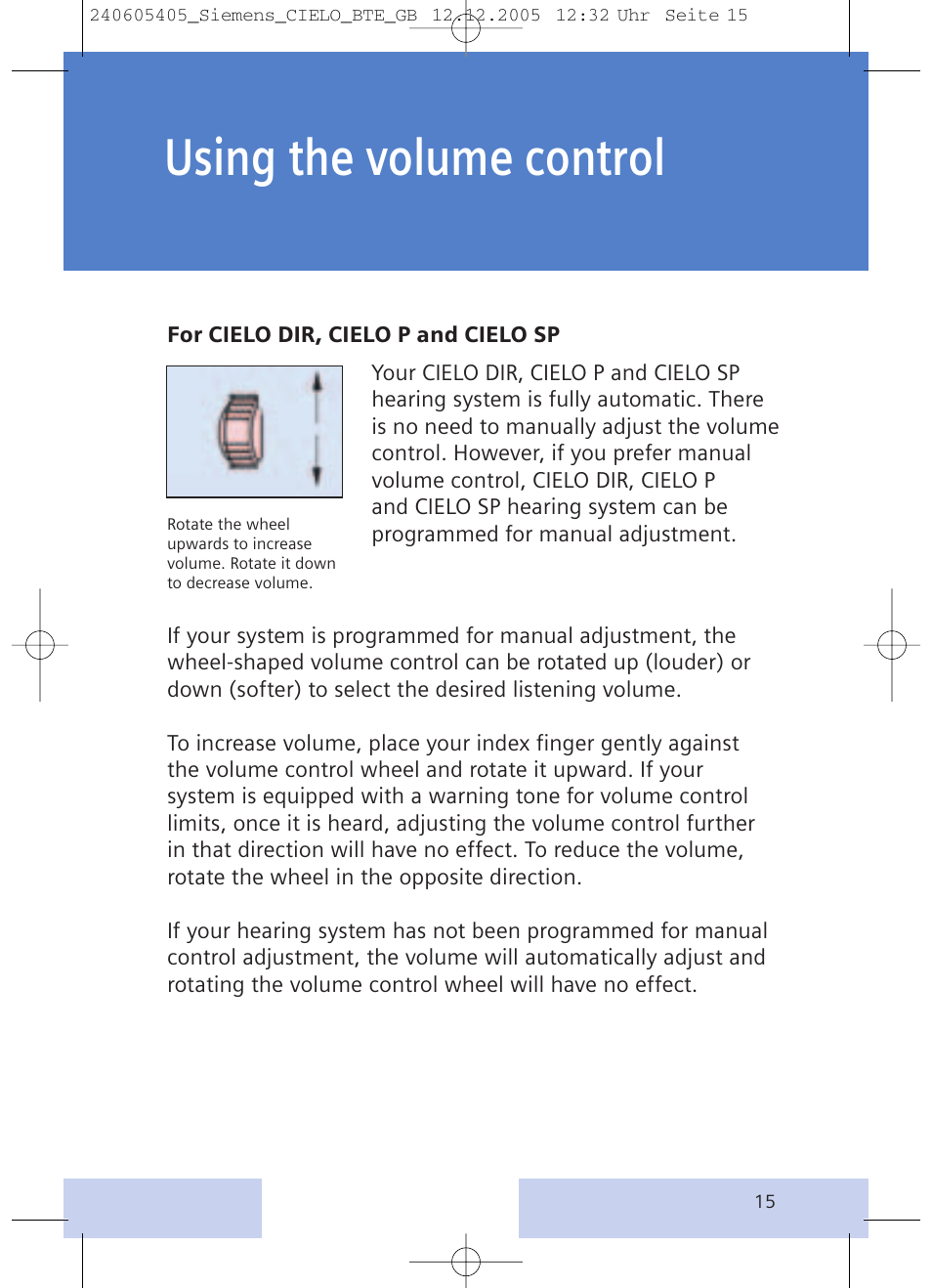 Using the volume control | Siemens CIELO User Manual | Page 15 / 24