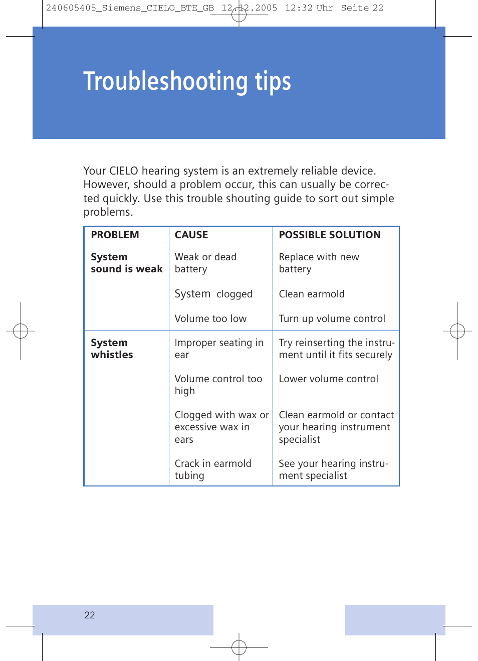 Troubleshooting tips | Siemens CIELO User Manual | Page 22 / 24