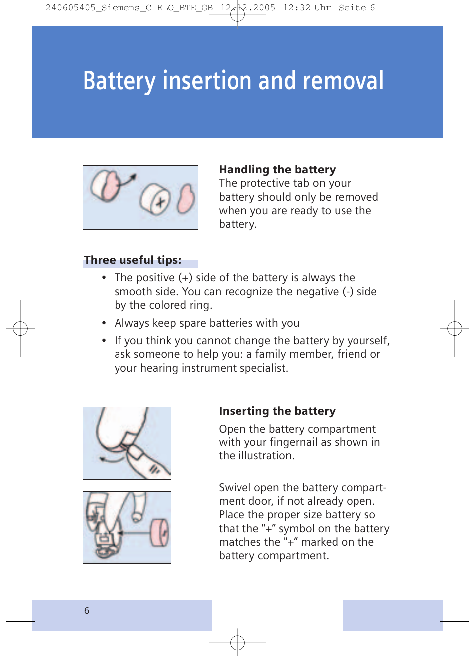 Battery insertion and removal | Siemens CIELO User Manual | Page 6 / 24