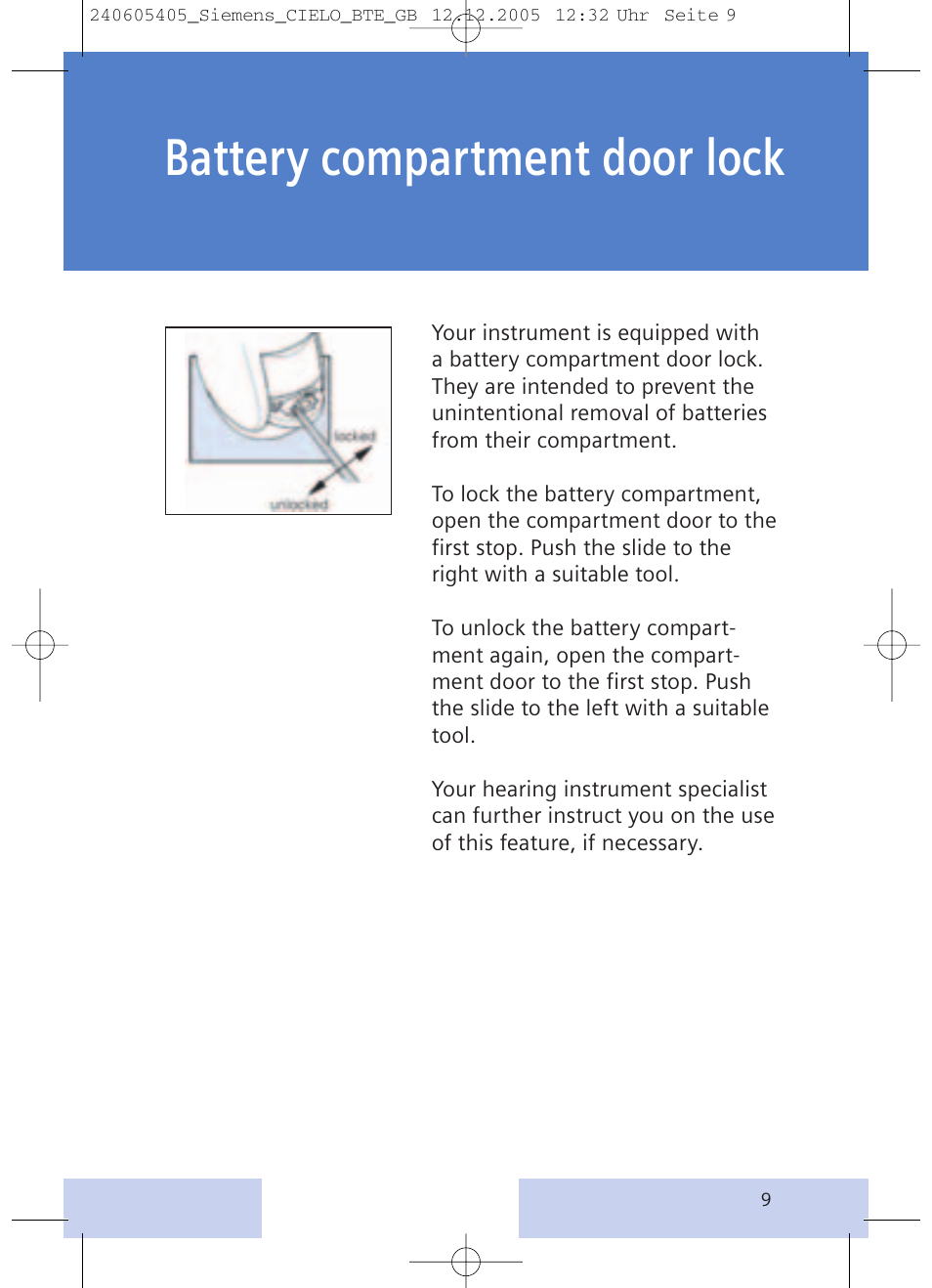 Battery compartment door lock | Siemens CIELO User Manual | Page 9 / 24