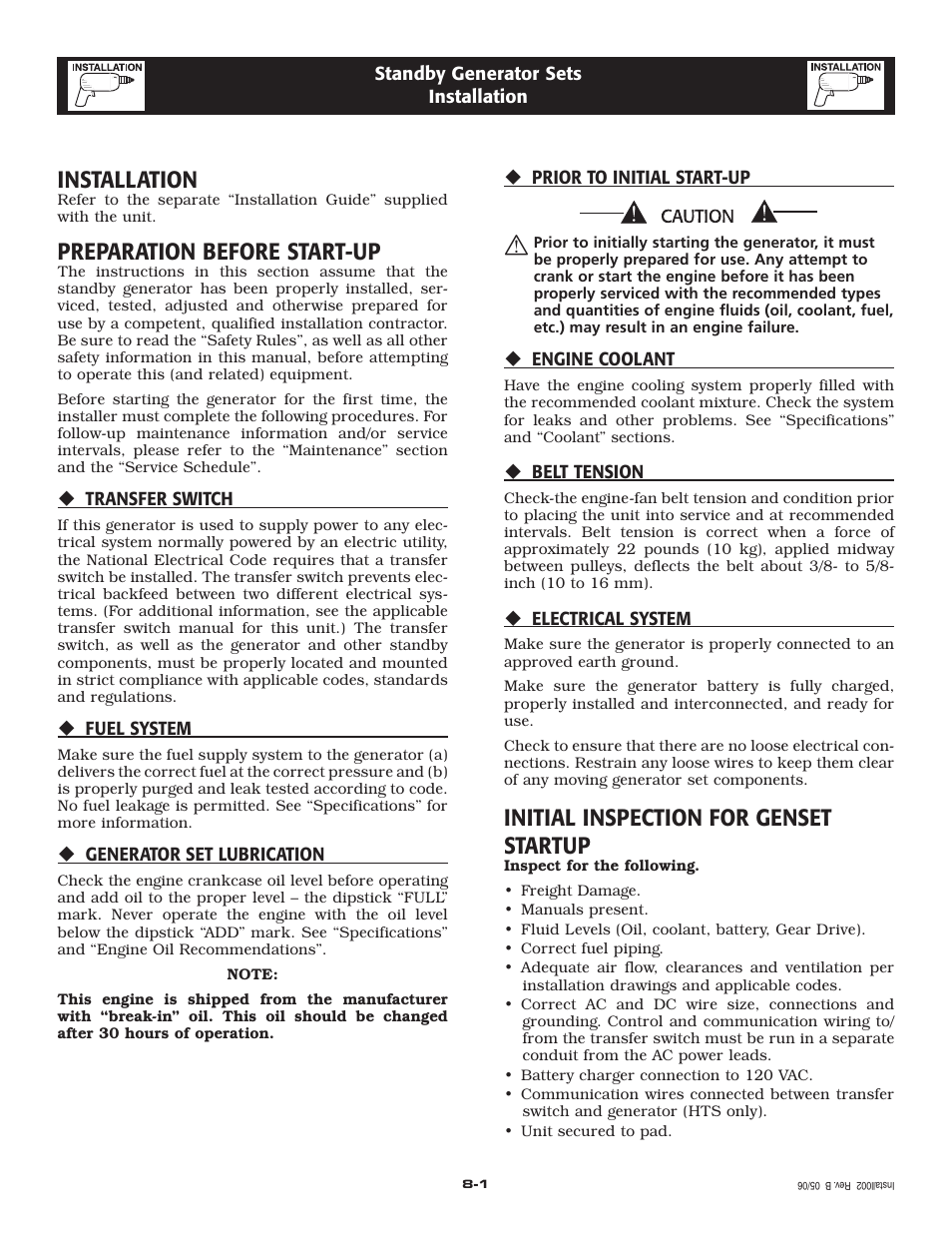 Installation, Preparation before start-up, Initial inspection for genset startup | Siemens SG035 User Manual | Page 13 / 64