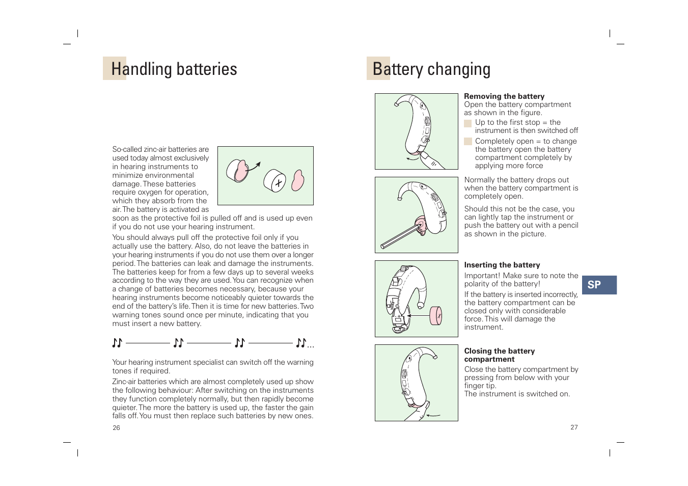 Handling batteries battery changing | Siemens SP User Manual | Page 26 / 44