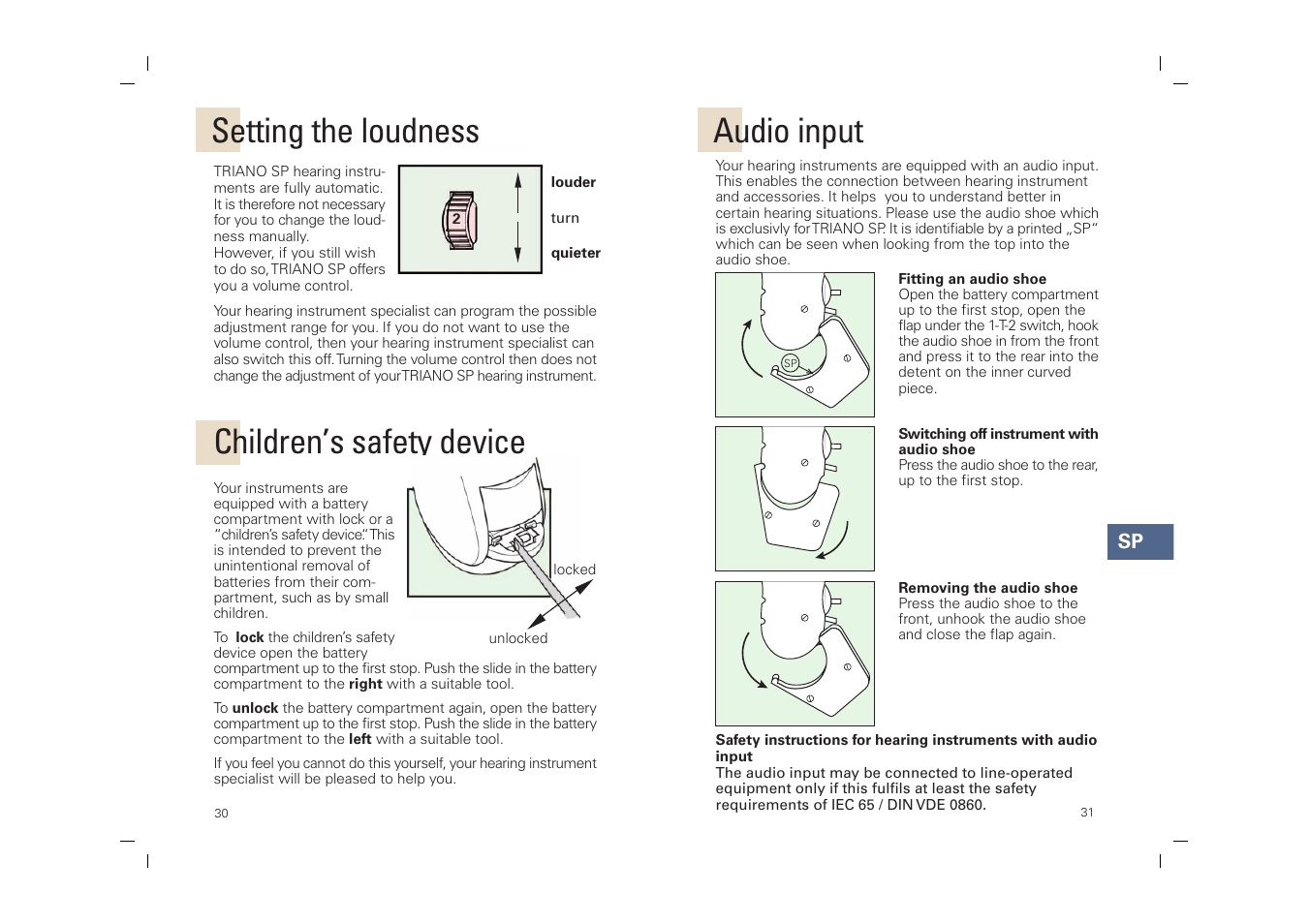 Audio input, Children’s safety device setting the loudness | Siemens SP User Manual | Page 30 / 44