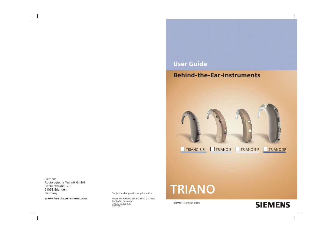 Triano, User guide behind-the-ear-instruments | Siemens SP User Manual | Page 44 / 44