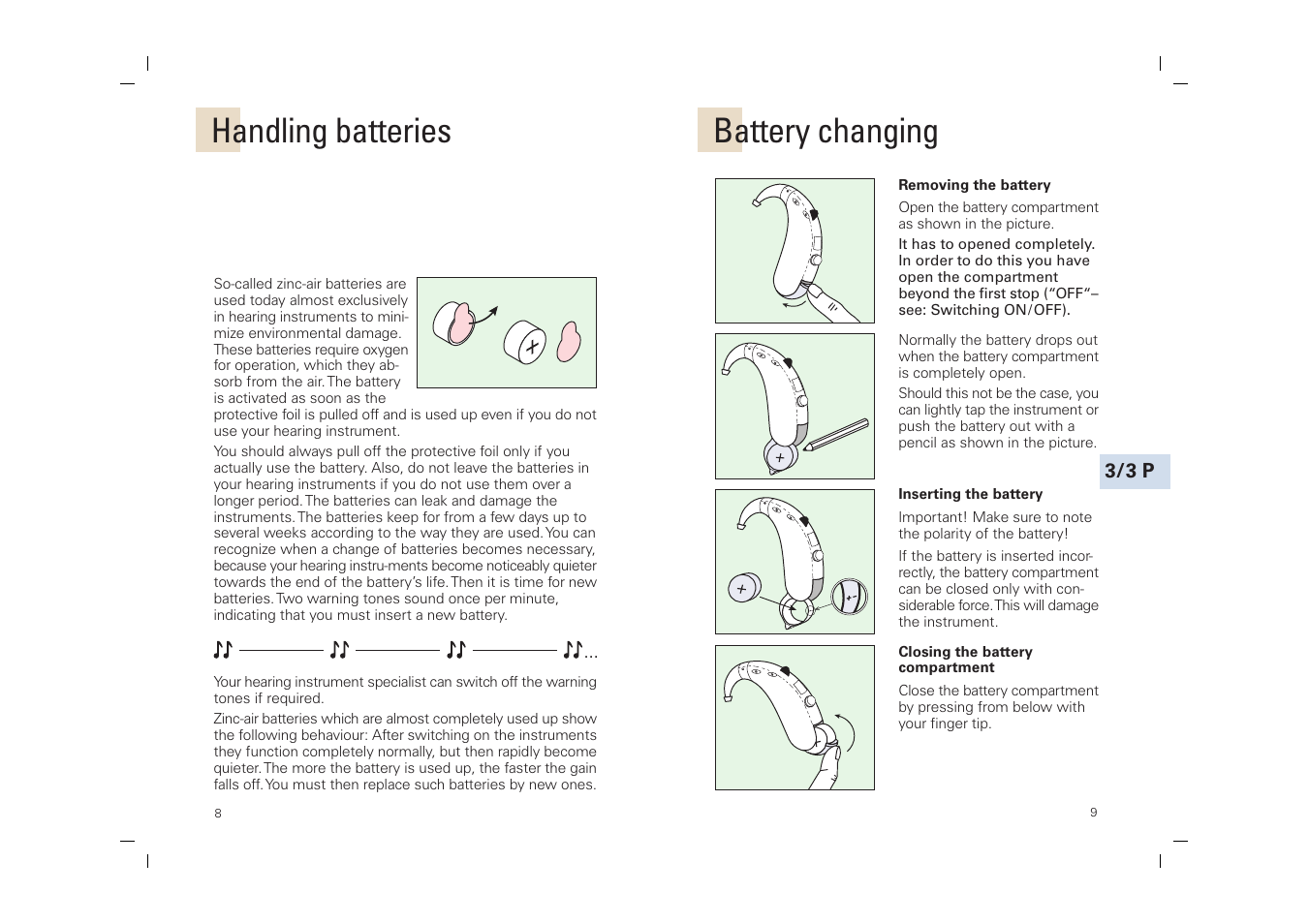 Handling batteries, Battery changing | Siemens SP User Manual | Page 9 / 44