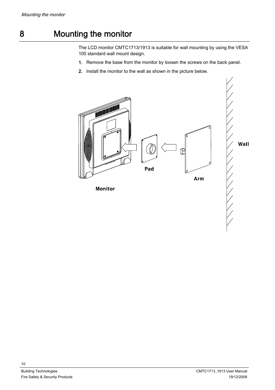 8 mounting the monitor, Mounting the monitor, 8mounting the monitor | Siemens CMTC1913 User Manual | Page 10 / 18