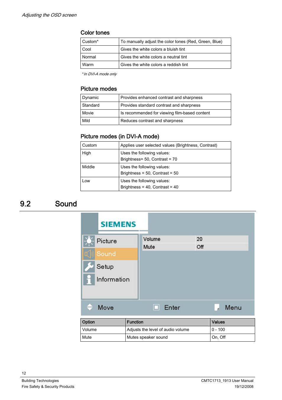 2 sound, Sound, Color tones | Picture modes, Picture modes (in dvi-a mode) | Siemens CMTC1913 User Manual | Page 12 / 18