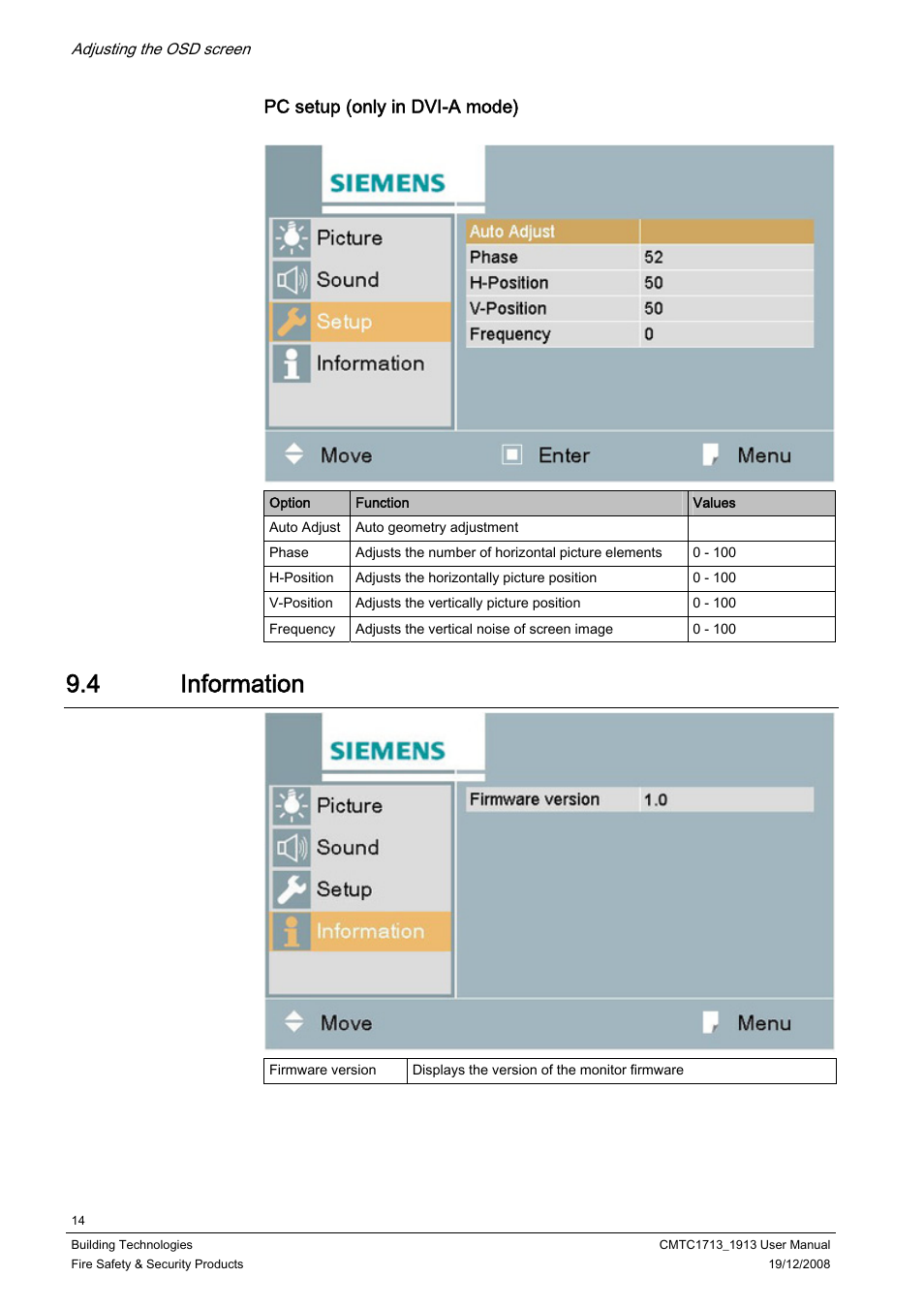 4 information, Information, Pc setup (only in dvi-a mode) | Siemens CMTC1913 User Manual | Page 14 / 18