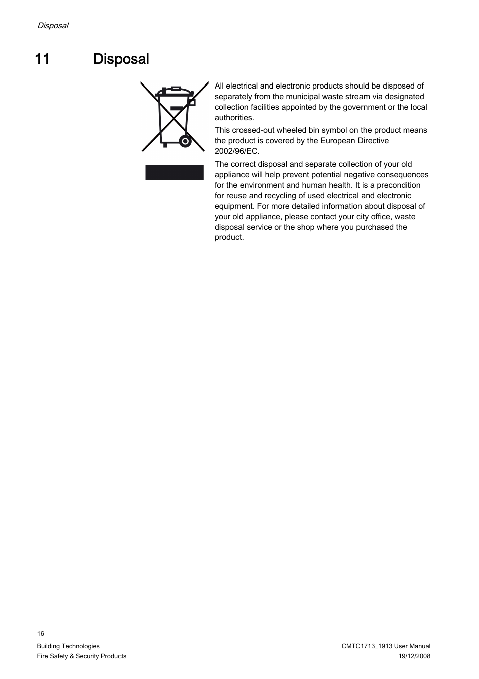 11 disposal, Disposal | Siemens CMTC1913 User Manual | Page 16 / 18