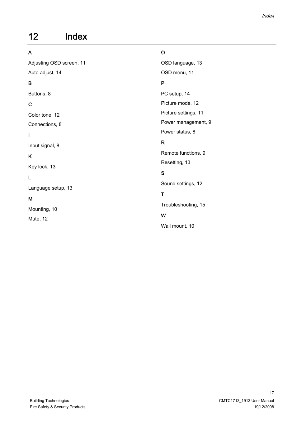 12 index, Index | Siemens CMTC1913 User Manual | Page 17 / 18