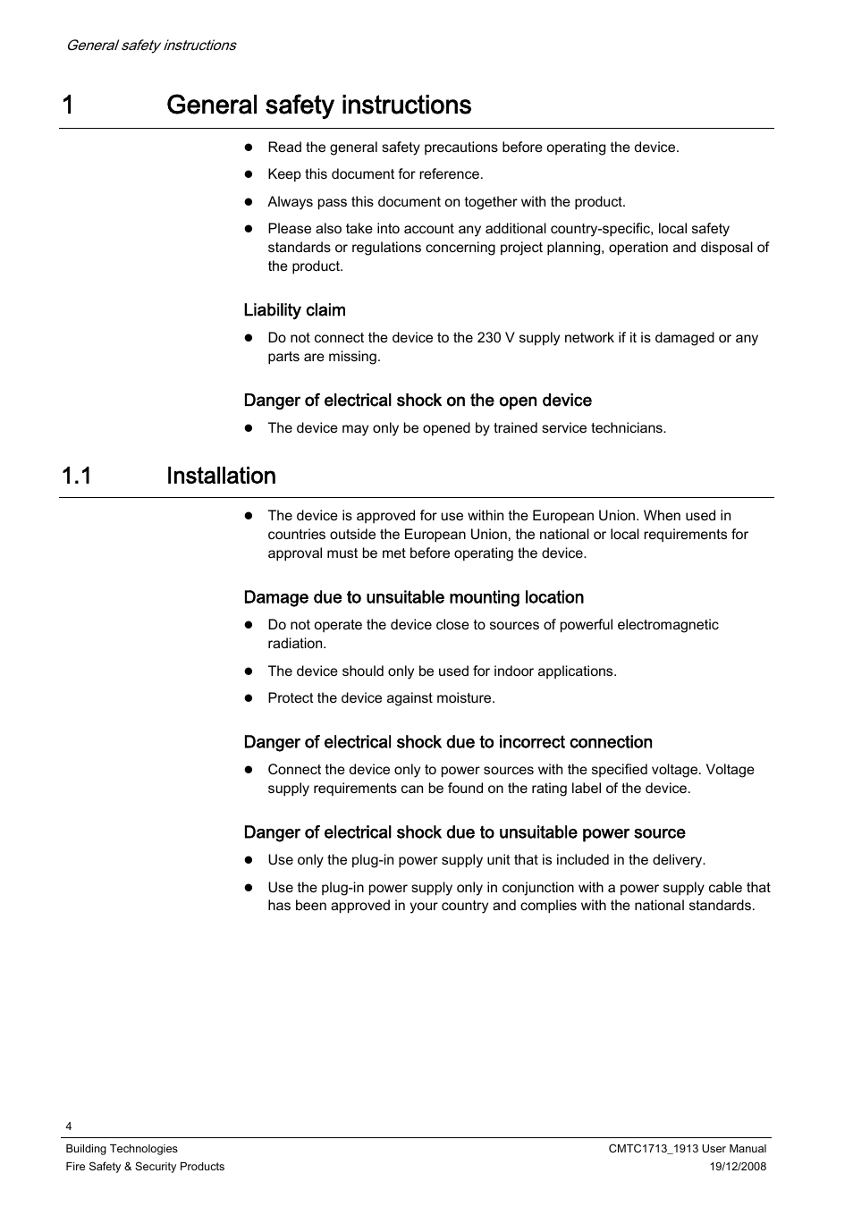 1 general safety instructions, 1 installation, General safety instructions | Installation, 1general safety instructions | Siemens CMTC1913 User Manual | Page 4 / 18
