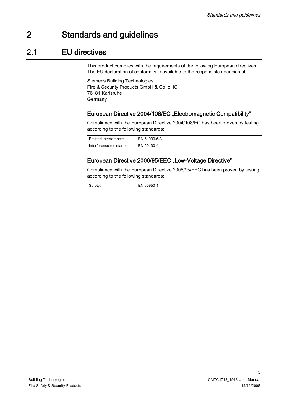 2 standards and guidelines, 1 eu directives, Standards and guidelines | Eu directives, 2standards and guidelines | Siemens CMTC1913 User Manual | Page 5 / 18