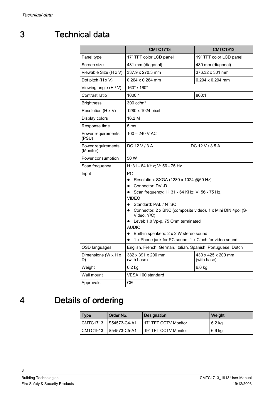 3 technical data, 4 details of ordering, Technical data | Details of ordering, 3technical data, 4details of ordering | Siemens CMTC1913 User Manual | Page 6 / 18