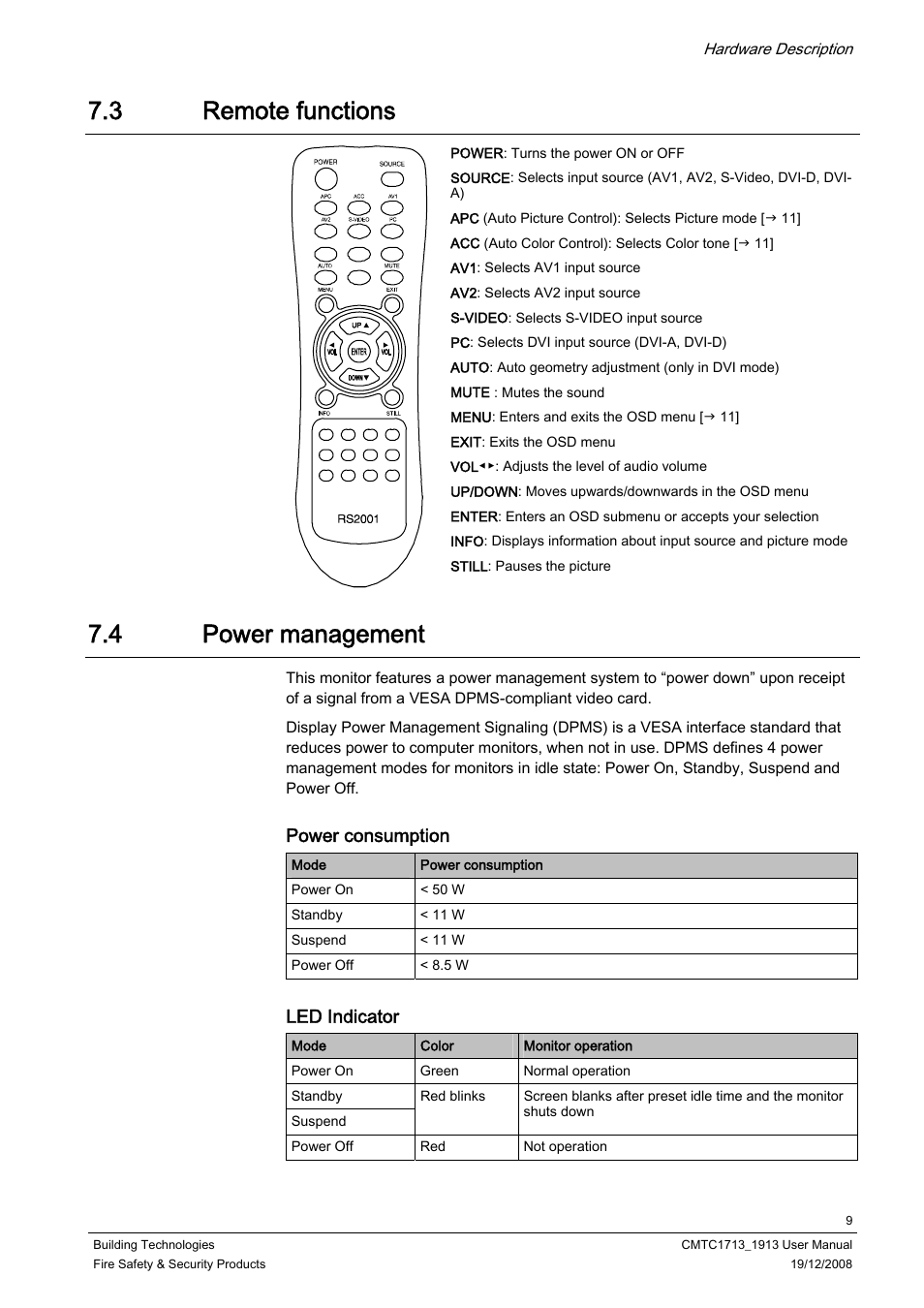 3 remote functions, 4 power management, Remote functions | Power management, Power consumption, Led indicator | Siemens CMTC1913 User Manual | Page 9 / 18