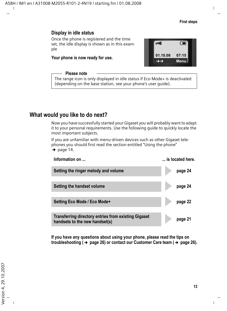 Display in idle status, What would you like to do next, G g g g | Siemens GIGASET A58H User Manual | Page 14 / 36