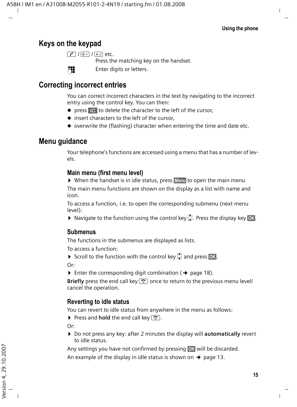 Keys on the keypad, Correcting incorrect entries, Menu guidance | Main menu (first menu level), Submenus, Reverting to idle status | Siemens GIGASET A58H User Manual | Page 16 / 36