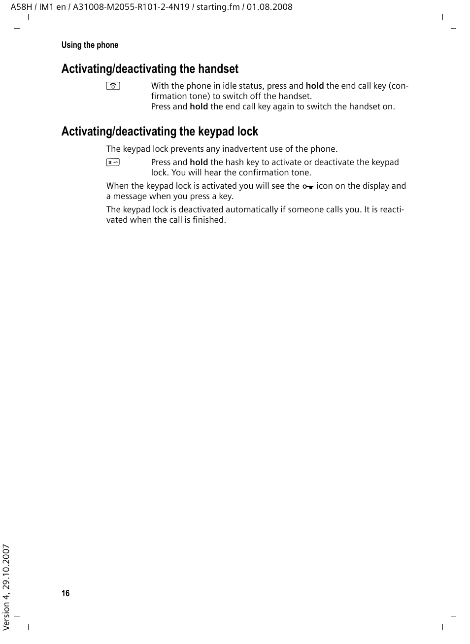 Activating/deactivating the handset, Activating/deactivating the keypad lock | Siemens GIGASET A58H User Manual | Page 17 / 36