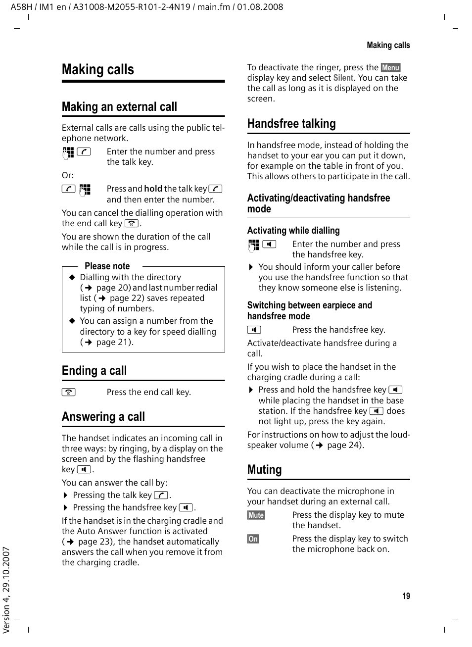 Making calls, Making an external call, Ending a call | Answering a call, Handsfree talking, Activating/deactivating handsfree mode, Muting | Siemens GIGASET A58H User Manual | Page 20 / 36