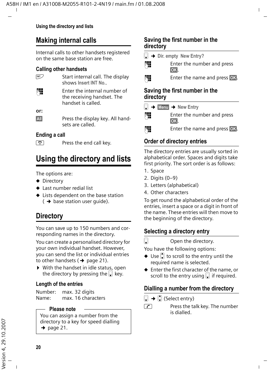 Making internal calls, Using the directory and lists, Directory | Saving the first number in the directory, Order of directory entries, Selecting a directory entry, Dialling a number from the directory, Dialling with the dir | Siemens GIGASET A58H User Manual | Page 21 / 36