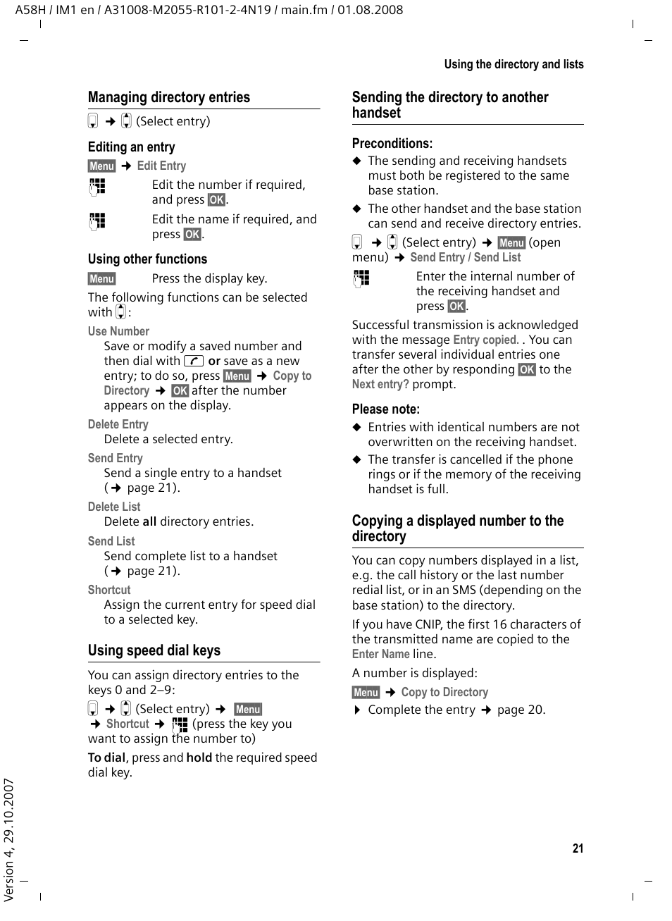 Managing directory entries, Using speed dial keys, Sending the directory to another handset | Copying a displayed number to the directory, Directory to a k, Send the list or individual, Directory to | Siemens GIGASET A58H User Manual | Page 22 / 36