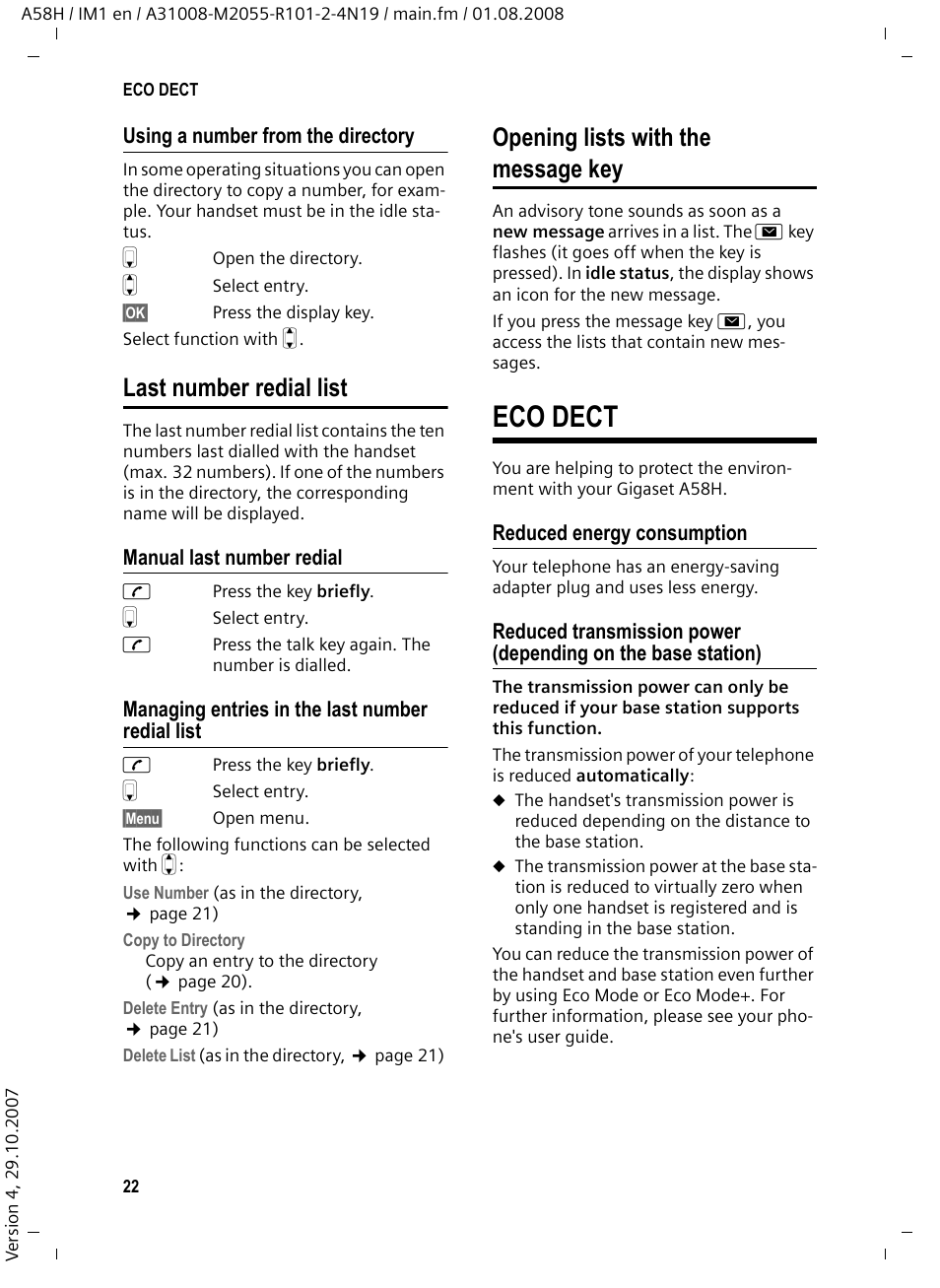 Using a number from the directory, Last number redial list, Manual last number redial | Managing entries in the last number redial list, Opening lists with the message key, Eco dect, Reduced energy consumption, And message, Eas and up to 5 | Siemens GIGASET A58H User Manual | Page 23 / 36