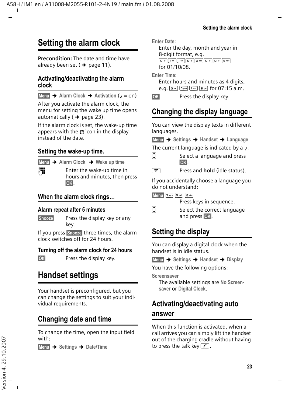 Setting the alarm clock, Activating/deactivating the alarm clock, Setting the wake-up time | When the alarm clock rings, Handset settings, Changing date and time, Changing the display language, Setting the display, Activating/deactivating auto answer, Setting the alarm clock handset settings | Siemens GIGASET A58H User Manual | Page 24 / 36