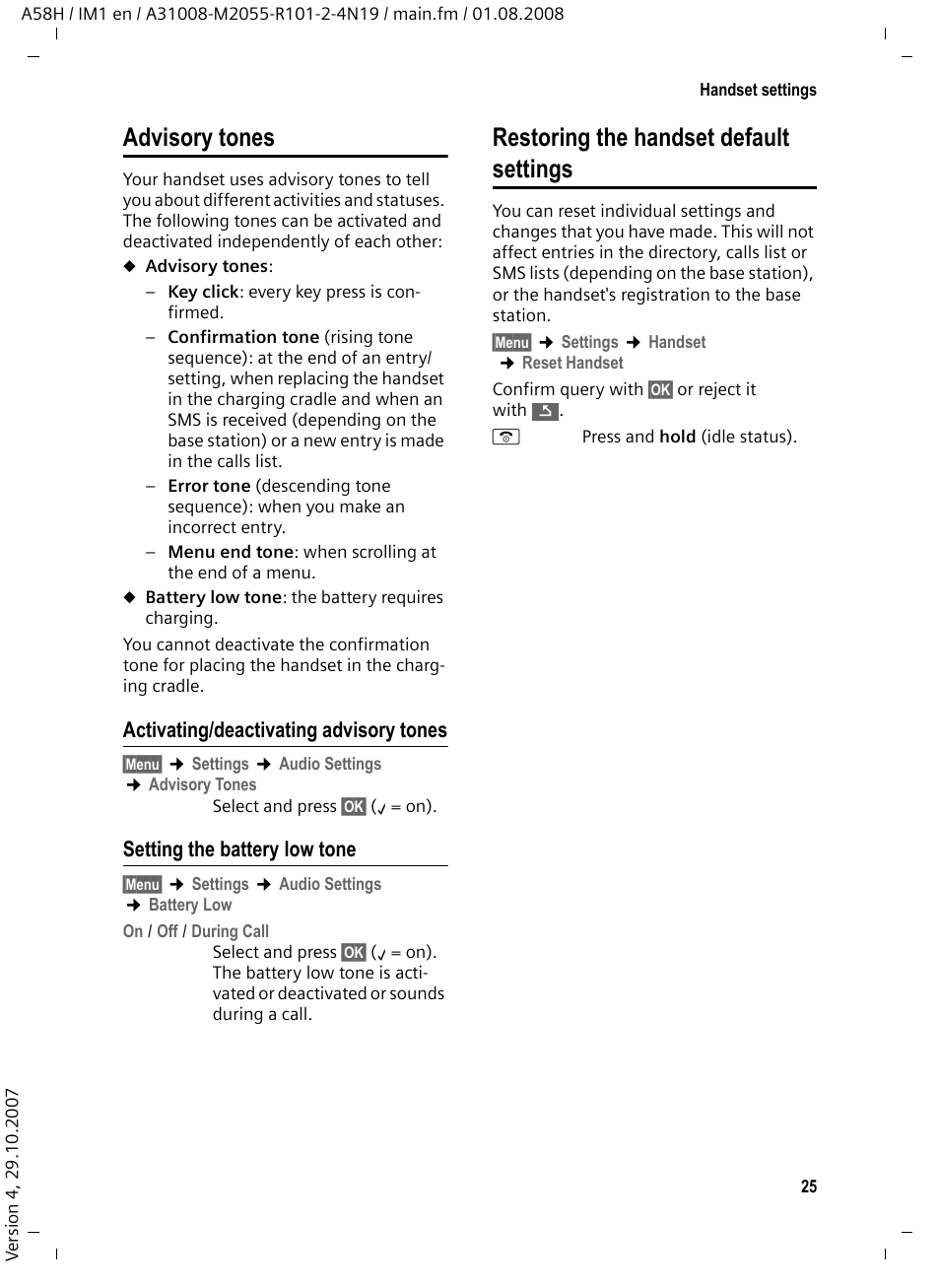 Advisory tones, Activating/deactivating advisory tones, Setting the battery low tone | Restoring the handset default settings | Siemens GIGASET A58H User Manual | Page 26 / 36