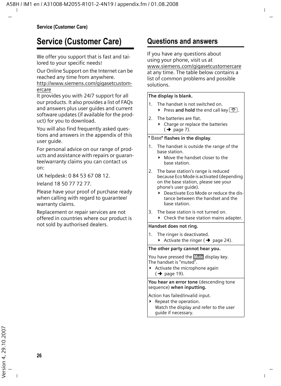 Service (customer care), Questions and answers, U have any questions about using your phone | Ase read the tips on, Omer care team | Siemens GIGASET A58H User Manual | Page 27 / 36