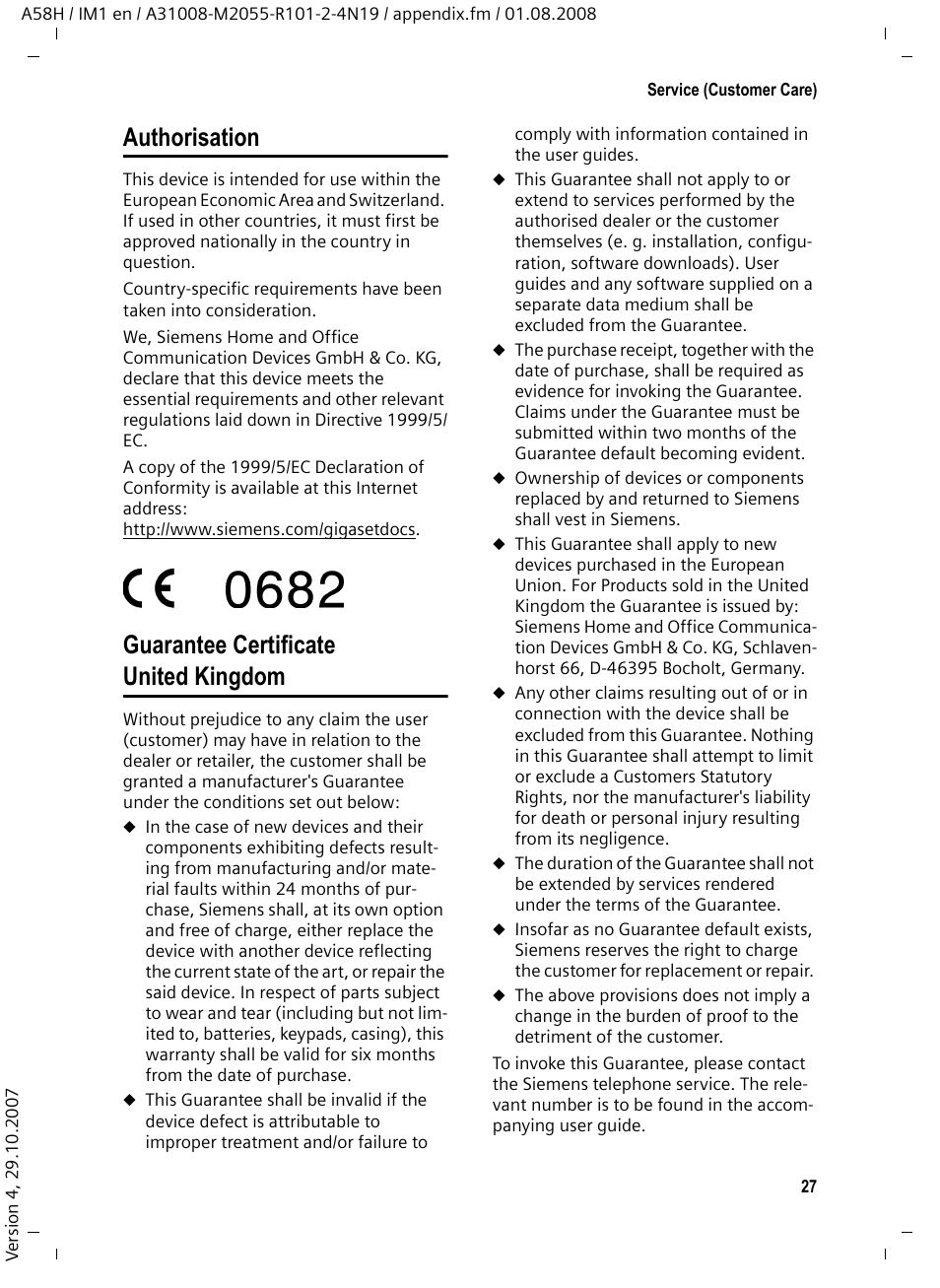 Authorisation, Guarantee certificate united kingdom, Authorisation guarantee certificate united kingdom | Siemens GIGASET A58H User Manual | Page 28 / 36