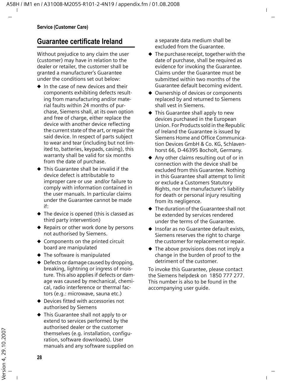 Guarantee certificate ireland | Siemens GIGASET A58H User Manual | Page 29 / 36