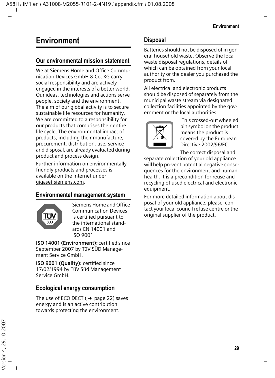 Environment, Our environmental mission statement, Environmental management system | Ecological energy consumption, Disposal | Siemens GIGASET A58H User Manual | Page 30 / 36