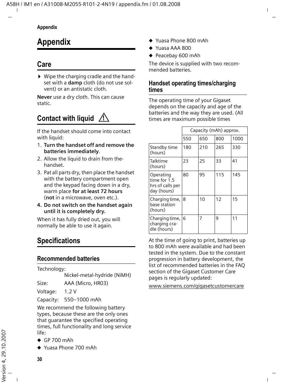 Appendix, Care, Contact with liquid | Specifications, Recommended batteries, Handset operating times/charging times, Care contact with liquid specifications, Eries, Ng cradle in ba | Siemens GIGASET A58H User Manual | Page 31 / 36