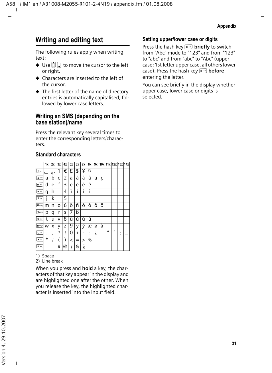 Writing and editing text | Siemens GIGASET A58H User Manual | Page 32 / 36