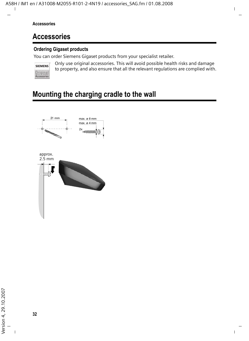 Accessories, Mounting the charging cradle to the wall | Siemens GIGASET A58H User Manual | Page 33 / 36