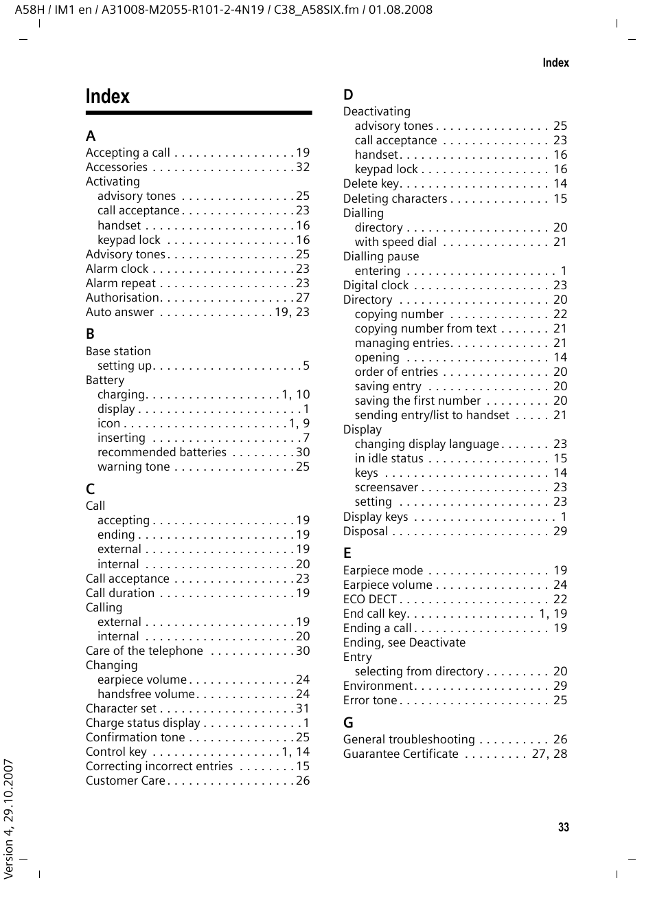 Index | Siemens GIGASET A58H User Manual | Page 34 / 36